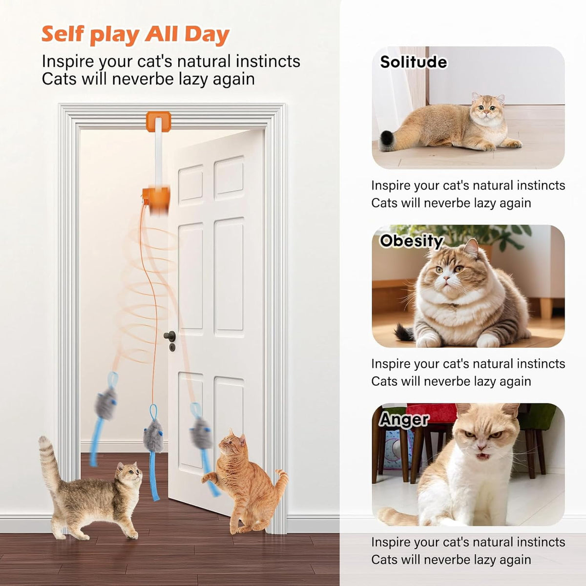 Remote Control Door Hanging Auto-Rebound Cat Toy,Customizable Length Adjustable Cat Teaser Toy, Interactive Pet Play Toy with 3 Plush Mice