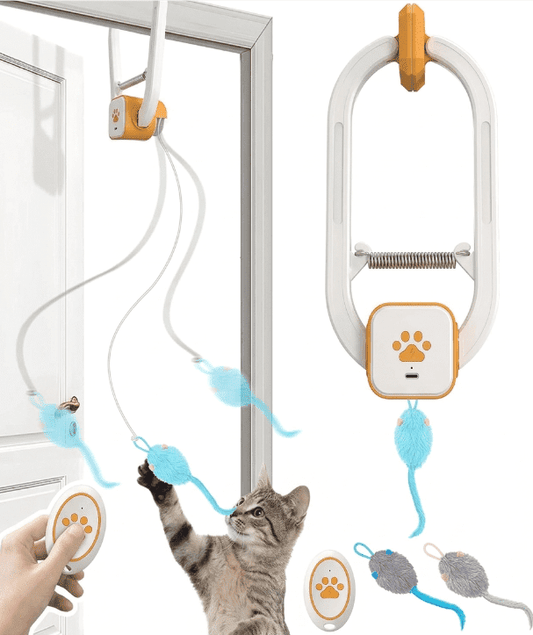 Remote Control Door Hanging Auto-Rebound Cat Toy,Customizable Length Adjustable Cat Teaser Toy, Interactive Pet Play Toy with 3 Plush Mice